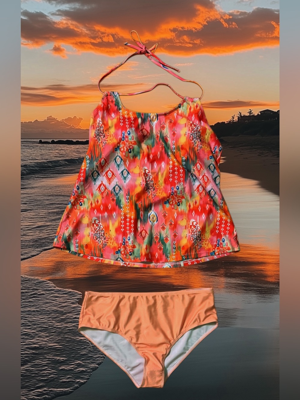 2 Piece Multi-Colored Swim Suit Bright Orange, Pink & Teal size XL